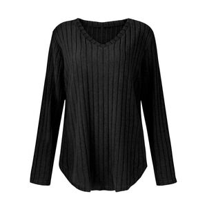 Women's V-Neck Long Sleeve Shirt Fashion Collection Black Size L [i]